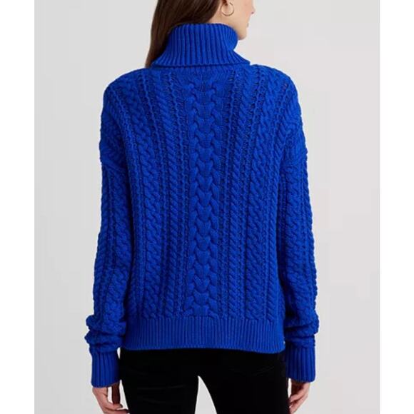 Lauren Ralph Lauren cable knit roll neck turtleneck sweater preppy royal blue M - Picture 3 of 13